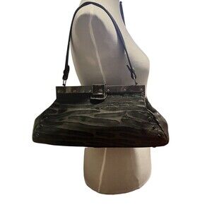 Patricia Nash Black leather & calf hair zebra Stripes silver tone frame Satchel